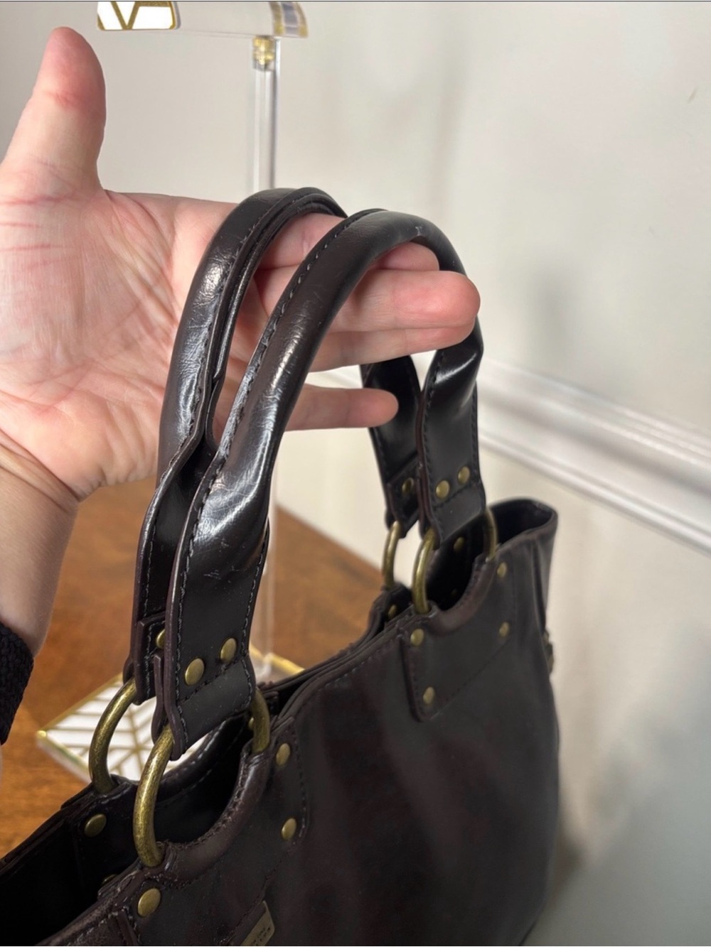 KENNETH COLE Classic Chocolate Brown Leather Satchel with Brass Hardware (EUC) - Picture 7 of 12